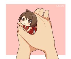 Rule 34 | 1girl, arm support, blush, brown eyes, brown hair, cheek rest, commentary, crop top, expressionless, looking at viewer, meiko (vocaloid), mini person, minigirl, nokuhashi, pov, pov hands, red shirt, red skirt, shirt, skirt, vocaloid
