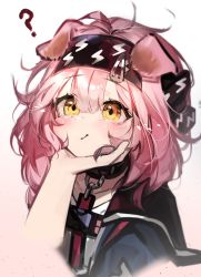 Rule 34 | 1girl, 1other, ?, animal ears, arknights, black collar, black hairband, blue jacket, braid, cat ears, cat girl, collar, commentary, face grab, floppy ears, goldenglow (arknights), hair ornament, hairband, hairclip, head rest, highres, jacket, lightning bolt print, long hair, open clothes, open jacket, out of frame, pink hair, pov, pov hands, ribiadan, shirt, simple background, solo focus, upper body, white background, white shirt, yellow eyes