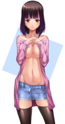 Rule 34 | 1girl, bare shoulders, black thighhighs, blush, breasts, brown hair, character request, copyright request, denim, denim skirt, highres, large breasts, long hair, looking at viewer, miniskirt, no bra, open clothes, purple eyes, shiny skin, skirt, smile, solo, standing, taru neko, thighhighs