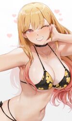 Rule 34 | 1girl, absurdres, arm up, bikini, black bikini, black choker, blonde hair, blush, breasts, chaichne, choker, cleavage, commission, earrings, gold necklace, gradient hair, grin, heart, highres, jewelry, kitagawa marin, large breasts, long hair, looking at viewer, multicolored hair, navel, necklace, one eye closed, pink eyes, smile, solo, sono bisque doll wa koi wo suru, stomach, strap gap, swimsuit