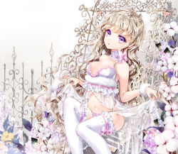 Rule 34 | 1girl, babydoll, bad id, bad pixiv id, bare shoulders, blonde hair, bow, bow panties, breasts, clothes lift, cocoon (loveririn), dress, dress lift, flower, frilled thighhighs, frills, long hair, looking at viewer, navel, original, panties, purple eyes, sitting, solo, thighhighs, underwear, wavy hair, white panties, white thighhighs