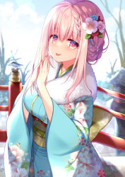 Rule 34 | 1girl, blue kimono, blurry, blurry background, blush, braid, braided bangs, breasts, bridge, commentary request, day, floral print, flower, fur-trimmed kimono, fur trim, hair between eyes, hair flower, hair ornament, hair up, highres, japanese clothes, kimono, long sleeves, looking at viewer, medium breasts, miharu (ringo sui), new year, obi, original, outdoors, own hands together, pink eyes, pink hair, ringo sui, sash, sidelocks, solo, tongue, tongue out, wide sleeves