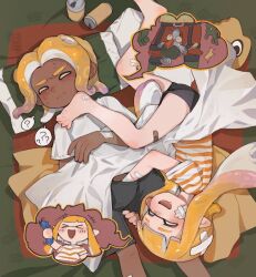 Rule 34 | &gt; &lt;, 1boy, 1girl, :d, ?, bandaid, bandaid on leg, barefoot, black shorts, blanket, blush, closed eyes, closed mouth, dark-skinned male, dark skin, dreaming, drooling, feet, foot on another&#039;s face, hand under clothes, hand under shorts, hetero, inkling, inkling girl, inkling player character, lying, nintendo, octoling, octoling boy, octoling player character, on back, on side, open mouth, orange hair, penis grab, pillow, salmonid, salted whale, shirt, short shorts, shorts, sleep molestation, sleeping, smile, splatoon (series), spoken question mark, striped clothes, striped shirt, sweat, tentacle hair, toes, white shirt