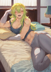 Rule 34 | 1girl, abs, bare shoulders, bed, breasts, cleavage, collarbone, green eyes, green hair, highres, large breasts, long hair, mashuu (neko no oyashiro), navel, one eye closed, open mouth, original, solo, thighs