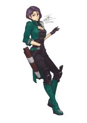 Rule 34 | 1girl, black eyes, black gloves, black hair, black pants, boots, breasts, cleavage, closed mouth, fadingz, fire emblem, fire emblem: three houses, full body, gloves, green footwear, green jacket, hair between eyes, highres, jacket, knee boots, large breasts, leaning forward, long sleeves, looking at viewer, nintendo, open clothes, open jacket, pants, quiver, shamir nevrand, short hair, signature, simple background, solo, white background