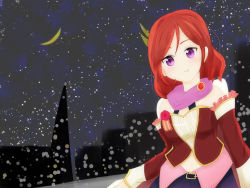 Rule 34 | 1girl, artist name, artist request, bare shoulders, belt, black belt, blush, breasts, female focus, flower, frilled shirt, frills, hair between eyes, highres, looking at viewer, love live!, love live! school idol festival, love live! school idol project, moon, night, night sky, nishikino maki, off shoulder, parted lips, purple eyes, red hair, rose, shirt, short hair, sky, small breasts, smile, solo, yanai hicurry