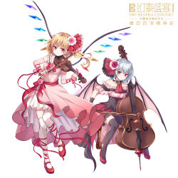 Rule 34 | 2girls, alternate costume, ascot, bare shoulders, bat wings, black legwear, blonde hair, blue hair, blush, bow, braid, breasts, cello, chinese text, commentary request, crystal, detached sleeves, dress, flandre scarlet, flower, frills, full body, hair flower, hair intakes, hair ornament, hair ribbon, highres, holding, holding instrument, holding violin, instrument, kure~pu, leg ribbon, long hair, long sleeves, looking at viewer, mary janes, medium breasts, multiple girls, no headwear, off-shoulder dress, off shoulder, pink dress, pink flower, pink rose, red ascot, red bow, red eyes, red footwear, red ribbon, red sash, remilia scarlet, ribbon, rose, sash, shoes, short hair, siblings, side ponytail, simple background, sisters, sitting, smile, thighhighs, touhou, translation request, violin, white background, white legwear, wings