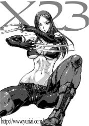 Rule 34 | 10s, 1girl, abs, animification, black hair, boots, breasts, cameltoe, claws, elbow gloves, gloves, greyscale, large breasts, laura kinney, leather, long hair, marvel, midriff, monochrome, navel, solo, x-23, x-men, yuri ai