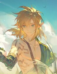 Rule 34 | 1boy, archaic set (zelda), bishounen, blonde hair, blue sky, claws, closed mouth, cloud, cloudy sky, collarbone, day, earrings, fingernails, green eyes, green tunic, hair between eyes, hand up, holding, holding hands, jewelry, link, looking to the side, male focus, nintendo, outdoors, pointy ears, renjian shilian, short hair, short sleeves, sidelocks, single bare shoulder, sky, smile, solo, standing, the legend of zelda, the legend of zelda: tears of the kingdom, tunic