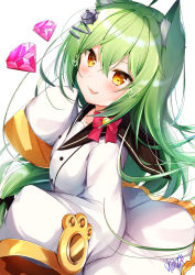 Rule 34 | 1girl, absurdres, ahoge, akashi (azur lane), animal ear fluff, animal ears, azur lane, bad id, bad pixiv id, bell, black bow, black sailor collar, blush, bow, brown eyes, cat ears, commentary request, dress, gem, green hair, hair bell, hair between eyes, hair bow, hair ornament, hand up, heart, highres, jingle bell, long hair, long sleeves, looking at viewer, nenobi (nenorium), parted lips, red bow, red gemstone, sailor collar, sailor dress, signature, sleeves past fingers, sleeves past wrists, smile, solo, very long hair, white background, white dress