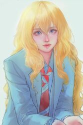 Rule 34 | 1girl, absurdres, blazer, blonde hair, blue background, blue eyes, blue jacket, blue shirt, chinese commentary, collared shirt, hair between eyes, hei ran ala, highres, jacket, long hair, looking at viewer, miyazono kawori, necktie, open hands, photo-referenced, realistic, red necktie, school uniform, shigatsu wa kimi no uso, shirt, simple background, solo, upper body, very long hair