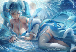 Rule 34 | 1girl, artist name, bare shoulders, blue eyes, blue hair, blue wings, breasts, feathered wings, fur trim, hair between eyes, jewelry, large breasts, league of legends, long hair, long sleeves, looking at viewer, nail polish, necklace, off shoulder, sakimichan, shawl, simple background, solo, sona (league of legends), thighhighs, twintails, very long hair, white thighhighs, wings