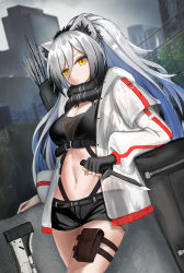Rule 34 | 1girl, absurdres, animal ear fluff, animal ears, arknights, arrow (projectile), black gloves, black shorts, breasts, cat ears, city, commentary, cowboy shot, crop top, fingerless gloves, gloves, grey hair, hair between eyes, hehe, highres, holding, holding knife, holding weapon, jacket, knife, large breasts, long hair, long sleeves, looking at viewer, midriff, navel, open clothes, open jacket, outdoors, ponytail, pouch, quiver, resolution mismatch, schwarz (arknights), short shorts, shorts, solo, source smaller, standing, stomach, thigh strap, thighs, very long hair, weapon, white jacket, yellow eyes