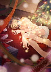 Rule 34 | 1boy, barefoot, blonde hair, blue eyes, blurry, bound, box, boxers, cable, child, christmas, christmas tree, closed mouth, clothes on floor, depth of field, dutch angle, entangled, gift, gift box, glowing, headphones, highres, indoors, kagamine len, lamp, lying, male focus, male underwear, no pants, on floor, on side, ribbon, smile, solo, spread fingers, striped, topless male, underwear, vocaloid, window, wooden wall, yotsuba0052