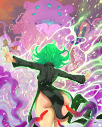 Rule 34 | 1girl, alien, ass, ass focus, aura, back, bare legs, battle, black dress, bottomless, breasts, creature, curly hair, curvy, d1975, dress, drooling, energy, extra eyes, female focus, floating clothes, from behind, glowing, green hair, hip focus, huge ass, imminent penetration, imminent rape, imminent vaginal, long sleeves, monster, no panties, one-punch man, open mouth, outstretched arms, partially visible vulva, pelvic curtain, penis tentacle, pussy, saliva, sexually suggestive, shiny skin, short hair, slime (substance), small breasts, spread arms, tatsumaki, telekinesis, tentacles, thighs, tongue, wide hips, wind, wind lift