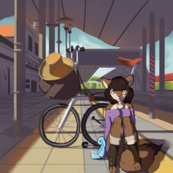 Rule 34 | 1girl, 3doss, bicycle, black hair, brown eyes, female focus, fox, furry, furry female, hat, highres, nature, open mouth, outdoors, panties, pantyshot, plant, short hair, sitting, sky, solo, underwear
