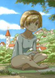 Rule 34 | 1girl, barefoot, blonde hair, blush, breasts, bush, city, cityscape, cloud, collarbone, crossed arms, flag, grass, green eyes, hairband, highres, house, kageng, crossed legs, leotard, long sleeves, looking at viewer, mat, rock, short hair, sky, small breasts, smile, white leotard