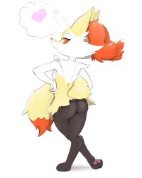 Rule 34 | 1girl, absurdres, animal ear fluff, animal ears, animal feet, animal nose, ass, back, black fur, body fur, braixen, closed mouth, creatures (company), crossed legs, female focus, fox ears, fox girl, fox tail, from behind, full body, furry, furry female, game freak, gen 6 pokemon, hands on own hips, happy, heart, highres, holding own tail, legs, looking at viewer, looking back, multicolored fur, nintendo, noconcession, pawpads, pokemon, pokemon (creature), presenting, profile, red eyes, simple background, slit pupils, smile, snout, solo, spoken heart, standing, tail, thighs, thought bubble, white background, white fur, yellow fur