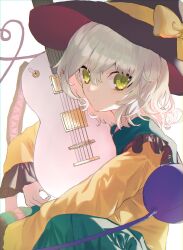 Rule 34 | 1girl, black hat, bow, closed mouth, collared shirt, commentary, expressionless, eyelashes, frilled shirt collar, frilled sleeves, frills, green eyes, grey hair, guitar, hair between eyes, hat, hat bow, heart, heart of string, heart print, highres, holding, holding instrument, instrument, koishi day, komeiji koishi, light blush, looking at viewer, medium hair, shirt, sidelighting, simple background, sitting, solo, touhou, tsukikusa, wavy hair, white background, wide sleeves, yellow bow, yellow shirt