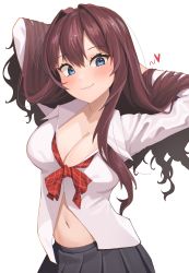 Rule 34 | 1girl, :3, absurdres, arms behind head, arms up, bad id, bad pixiv id, blue eyes, blush, bow, bowtie, breasts, brown hair, cleavage, closed mouth, collared shirt, commentary, cowboy shot, grey skirt, hair between eyes, hair lift, head tilt, heart, highres, ichinose shiki, idolmaster, idolmaster cinderella girls, large breasts, long hair, long sleeves, looking at viewer, loose bowtie, navel, neil (neil nim), partially unbuttoned, plaid, plaid bow, plaid bowtie, pleated skirt, red bow, red bowtie, school uniform, see-through silhouette, shirt, sidelocks, simple background, skirt, smile, solo, standing, stomach, wavy hair, white background, white shirt