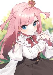Rule 34 | 1girl, black skirt, blue eyes, blurry, blurry background, bow, bowtie, brooch, center frills, cleavage cutout, clothing cutout, crown, earrings, frills, hair intakes, high-waist skirt, highres, hinakano h, indie virtual youtuber, jewelry, mini crown, pink bow, pink bowtie, pink hair, puffy sleeves, shalo yamada, shirt, shoulder cutout, skirt, smile, solo, two side up, virtual youtuber, white shirt, wide sleeves