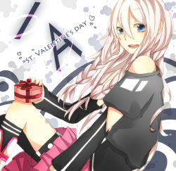 Rule 34 | 1girl, bad id, bad pixiv id, blonde hair, blue eyes, braid, character name, gift, heart, hiiro, ia (vocaloid), long hair, off shoulder, open mouth, pink hair, single thighhigh, skirt, smile, solo, thigh strap, thighhighs, twin braids, valentine, vocaloid
