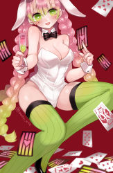 Rule 34 | 1girl, alternate costume, animal ears, bare shoulders, between fingers, black bow, black bowtie, blush, bow, bowtie, braid, breasts, card, cleavage, cup, detached collar, drink, drinking glass, fake animal ears, gradient hair, green eyes, green hair, green thighhighs, hair between eyes, heart, heart-shaped pupils, highres, holding, invisible chair, kanroji mitsuri, kimetsu no yaiba, leotard, long hair, looking at viewer, medium breasts, mole, mole under eye, monmoke123, multicolored hair, open mouth, pink bow, pink bowtie, pink hair, playboy bunny, playing card, rabbit ears, red background, ribbed legwear, simple background, sitting, sleeveless, smile, solo, striped bow, striped bowtie, striped clothes, striped neckwear, symbol-shaped pupils, thighhighs, thighs, tri braids, twitter username, two-tone hair, wine glass, wrist cuffs