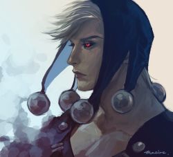 Rule 34 | 1boy, artist name, black sclera, collarbone, colored sclera, hat, highres, jojo no kimyou na bouken, male focus, meron nouka, muscular, neck, portrait, profile, red eyes, risotto nero, signature, solo, white hair