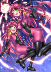 Rule 34 | 2girls, absurdres, aged down, ahoge, ass, bodysuit, breasts, cosplay, crossover, demon tail, dual persona, g gundam, green eyes, gundam, highres, lala satalin deviluke, large breasts, long hair, looking at viewer, mobile trace suit, multiple girls, oooqqq, open mouth, peke, pink bodysuit, pink hair, skin tight, smile, tail, time paradox, to love-ru, to love-ru darkness