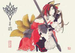 Rule 34 | 1girl, absurdres, animal ears, bare shoulders, blue eyes, breasts, brown hair, caleen keemosn, choker, commission, detached sleeves, female focus, fine art parody, fox ears, fox girl, fox tail, hair ornament, hair ribbon, half-closed eyes, heeled sandals, highres, holding, holding own hair, ikeda kazuhiro, japanese clothes, large breasts, long hair, looking away, miko, multiple tails, nihonga, parody, ribbon, runes, scythe, shunga, signature, squatting, star ocean, star ocean anamnesis, symbol, tail, textured background, thighhighs, toweling3, translation request, twintails, very long hair, weapon, writing