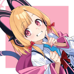 Rule 34 | 1girl, animal ear headphones, animal ears, blonde hair, blue archive, blue necktie, blush, bow, cat tail, collared shirt, fake animal ears, fingernails, grin, hair bow, headphones, highres, index finger raised, jacket, long sleeves, looking at viewer, momoi (blue archive), nail polish, necktie, pink nails, red bow, red eyes, shirt, short hair, smile, solo, tail, upper body, white jacket, white shirt, xiaoxiao de kuangsan