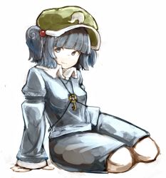 Rule 34 | 1girl, arm support, bad id, bad pixiv id, blue eyes, blue hair, female focus, hair bobbles, hair ornament, hat, kawashiro nitori, ketopon, key, lowres, matching hair/eyes, simple background, sitting, solo, touhou, twintails, two side up, white background