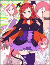 Rule 34 | 10s, 1girl, :o, black gloves, blush, breasts, choker, dancing stars on me!, demon tail, dress, elbow gloves, expressions, facepaint, gloves, grin, gymnastics, hairband, horns, kidachi, leotard, looking at viewer, love live!, love live! school idol project, montage, nishikino maki, open mouth, purple eyes, purple thighhighs, red hair, rhythmic gymnastics, ribbon, shaded face, short hair, smile, solo focus, tail, thighhighs