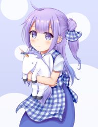 Rule 34 | 1girl, ahoge, alternate costume, apron, azur lane, carrying, casual, commentary request, contemporary, hugging doll, gingham apron, hair bun, hair ribbon, highres, kobeya, kobeya uniform, long hair, looking at viewer, minakami mimimi, hugging object, one side up, patterned background, purple eyes, purple hair, ribbon, side bun, simple background, single hair bun, single side bun, solo, stuffed animal, stuffed pegasus, stuffed toy, stuffed unicorn, stuffed winged unicorn, unicorn (azur lane)