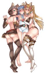 Rule 34 | 10s, 3girls, animal ears, arm warmers, ass, backless outfit, bare shoulders, barefoot, black legwear, blue eyes, blush, breasts, breasts out, brown eyes, cover, covering privates, detached sleeves, erune, feet, ferry (granblue fantasy), girl sandwich, granblue fantasy, green eyes, hair between eyes, highres, katase minami, large breasts, light brown hair, long hair, looking at viewer, lying, metera (granblue fantasy), midriff, miniskirt, multiple girls, naked towel, nipples, no shoes, nude cover, on back, on side, on stomach, red eyes, sandwiched, short hair, silver hair, simple background, skirt, smile, stella (granblue fantasy), sutera (granblue fantasy), thighhighs, thighs, toes, towel, twintails, wavy hair, wavy mouth, white background, white legwear