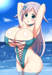 Rule 34 | 1girl, armpits, arms behind head, blush, breasts, cleavage, cloud, collarbone, hades1580, highres, huge breasts, looking at viewer, ocean, one-piece swimsuit, open mouth, pastel memories, rokugou saori, skindentation, sky, solo, swimsuit