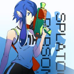 Rule 34 | 1girl, alternate costume, bike shorts, blue eyes, blue hair, blunt bangs, breasts, commentary request, cosplay, dh (brink of memories), highres, holding, ink tank (splatoon), inkling (cosplay), inkling player character, looking to the side, nintendo, persona, persona 4, pointy ears, shadow, shirogane naoto, shirt, short hair, signature, sleeveless, solo, splatoon (series), splatoon 2, splattershot (splatoon), t-shirt, tentacle hair, water gun, weapon
