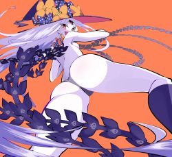 Rule 34 | 1girl, abigail williams (fate), abigail williams (swimsuit foreigner) (fate), ass, bikini bottom only, bow, breasts, fate/grand order, fate (series), female focus, from behind, from below, hat, highres, kakihou, long hair, looking back, open mouth, orange background, pale skin, simple background, small breasts, solo, third eye, topless, white hair, witch hat