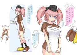 Rule 34 | 2girls, alternate costume, atlanta (kancolle), black ribbon, blush, bokukawauso, breasts, commentary request, cup, from side, full body, garrison cap, gloves, hair flaps, hair ornament, hair ribbon, hairclip, hat, kantai collection, kneehighs, large breasts, light brown hair, long hair, looking at viewer, medium hair, multiple girls, musical note, no pants, oonaka ito, open mouth, poi, ribbon, scarf, shirt, short hair, simple background, slippers, socks, speech bubble, spoken musical note, t-shirt, translation request, two side up, white background, white scarf, yuudachi (kancolle)