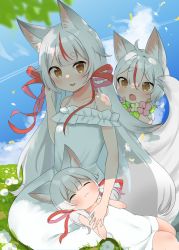 Rule 34 | absurdres, animal ears, brother and sister, commission, commissioner upload, dress, fox ears, fox girl, fox tail, hair ribbon, highres, indie virtual youtuber, kamiko kana, komiojisan, lying on lap, mother and daughter, mother and son, multicolored hair, ribbon, siblings, skeb commission, sleeping, smile, streaked hair, sundress, sunlight, tail, virtual youtuber, white hair