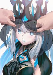 Rule 34 | 1girl, aora, bare shoulders, black bow, black dress, black veil, blue lips, blush, bow, braid, breasts, cleavage, crown, dress, fate/grand order, fate (series), grey hair, hair between eyes, hair bow, highres, large breasts, long hair, looking at viewer, morgan le fay (fate), morgan le fay (queen of winter) (fate), open mouth, ponytail, sidelocks, smile, solo, veil, very long hair