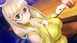 Rule 34 | 1girl, blonde hair, blush, breasts, cleavage, cleavage cutout, clothing cutout, cup, drink, drinking glass, from above, game (=eroge) mitai na, suteki na koi ga shitai!, game cg, glasses, green eyes, hadashi shoujo, hands up, highres, ice, ice cube, indoors, ino (magloid), large breasts, lisha lockheart, long hair, looking at viewer, original, red-framed eyewear, shoulder cutout, sitting, smile, sweater, table, turtleneck, yellow sweater