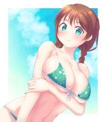 Rule 34 | 1girl, arm under breasts, bare shoulders, bikini, braid, breasts, brown hair, brush, cleavage, closed mouth, cloud, dutch angle, emma verde, freckles, frown, green eyes, highres, large breasts, long hair, love live!, love live! nijigasaki high school idol club, navel, outdoors, sky, smile, solo, stomach, swimsuit, totsumotsu, twin braids