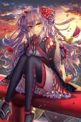 Rule 34 | 10s, 1girl, arm support, bell, black thighhighs, braid, chain chronicle, closed mouth, demon horns, detached sleeves, female focus, flower, frilled skirt, frilled sleeves, frilled thighhighs, frills, garter belt, hair flower, hair ornament, heterochromia, horns, japanese clothes, long hair, looking at viewer, multiple braids, original, petticoat, purple hair, red eyes, red skirt, shindou arata, shintou, silver hair, sitting, skirt, smile, solo, thighhighs, torii, yellow eyes