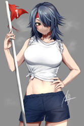Rule 34 | 1girl, alternate costume, blue shorts, breasts, collarbone, grey background, hair over one eye, hand on own hip, headband, highres, kantai collection, large breasts, nmz (namazu), purple hair, red headband, shirt, short hair, short shorts, shorts, sleeves rolled up, smile, solo, sweat, tenryuu (kancolle), tied shirt, white shirt, yellow eyes