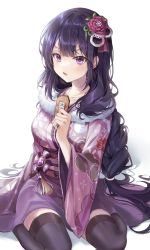 Rule 34 | 1girl, black thighhighs, blush, braid, breasts, collarbone, commentary request, floral print, flower, flower knot, fur trim, genshin impact, hair flower, hair ornament, highres, holding, japanese clothes, kimono, large breasts, long hair, long sleeves, looking at viewer, low-braided long hair, low-tied long hair, omamori, open mouth, parted lips, purple eyes, purple hair, purple kimono, raiden shogun, sash, simple background, sitting, solcha, solo, tassel, thighhighs, very long hair, wariza, white background, wide sleeves