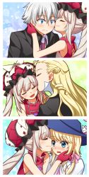 Rule 34 | 1girl, 3boys, :d, bisexual, bisexual female, blonde hair, blue eyes, blush, charles-henri sanson (fate), chevalier d&#039;eon (fate), closed eyes, drill hair, embarrassed, fate/grand order, fate (series), formal, frown, hat, kiss, kissing cheek, long hair, marie antoinette (fate), multiple boys, nakamura hinato, necktie, open mouth, silver hair, smile, suit, twin drills, twintails, wavy mouth, wolfgang amadeus mozart (fate)