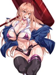 Rule 34 | 1girl, abs, bikini, blonde hair, breasts, chainsaw man, hammer, highres, holding, holding hammer, horns, large breasts, long hair, micro shorts, muscular, muscular female, open mouth, power (chainsaw man), puripuri jet, red eyes, sharp teeth, shorts, solo, swimsuit, teeth, thighhighs, toned, toned female, white background