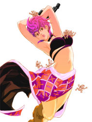 Rule 34 | 1girl, armpits, arms behind head, boots, breasts, brown eyes, gun, homunculus, jojo no kimyou na bouken, lipstick, makeup, midriff, navel, pink hair, sex pistols (stand), simple background, skirt, solo, stand (jojo), trish una, vento aureo, weapon, white background