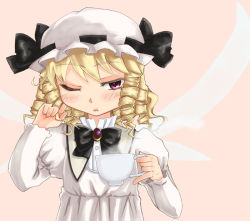 Rule 34 | 1girl, ;o, black bow, black bowtie, blonde hair, blush, bow, bowtie, brooch, cup, dress, drill hair, eastern and little nature deity, fairy, female focus, frills, gem, hat, jewelry, kusogappa, long sleeves, looking at viewer, luna child, mob cap, one eye closed, parted lips, sleepy, solo, steam, teacup, touhou, touhou sangetsusei, upper body, white dress